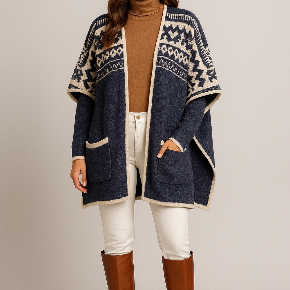 Western Style Navy and Cream Women's Hooded Cardigen